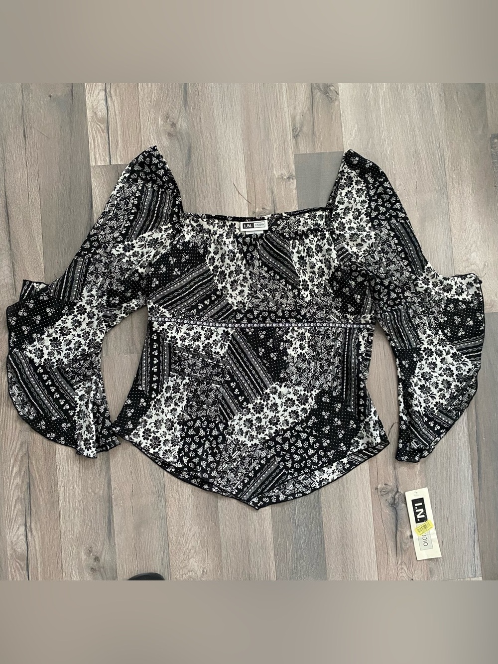 Y2K Floral Patchwork Boho 3/4 Sleeve Blouse Square Neck Top